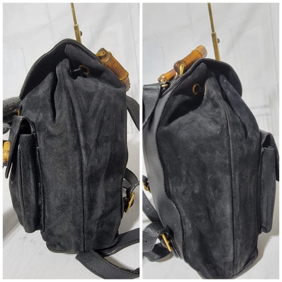 Authentic Gucci Vintage Suede & Leather Bamboo Backpack Black - Picture 7 of 12